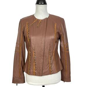 In Suede Brown | Genuine Soft Leather Studded Asymmetrical Zip Moto Biker Jacket
